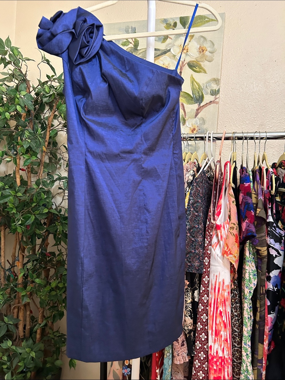 S.L. Fashions One-Shoulder Sapphire Blue Rosette Dress